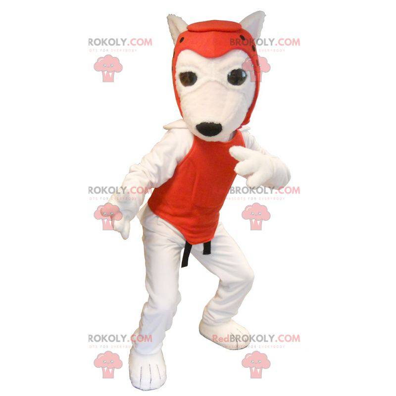 Mascote cachorro branco com roupa de taekwondo - Redbrokoly.com