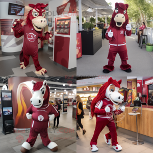 Maroon Horse mascot costume character dressed with Joggers and Coin purses