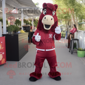 Maroon Horse mascot costume character dressed with Joggers and Coin purses