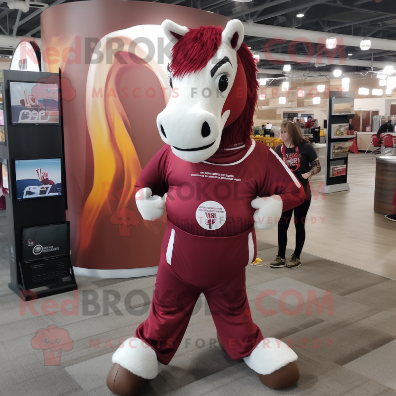 Maroon Horse mascot costume character dressed with Joggers and Coin purses Maroon Horse mascot costume character dressed with Joggers and Coin purses