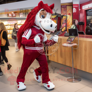 Maroon Horse mascot costume character dressed with Joggers and Coin purses