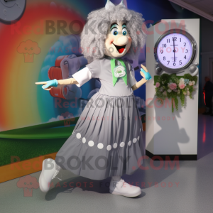 Gray Irish dancing shoes mascot costume character dressed with Maxi Dress and Watches