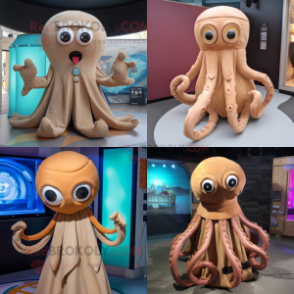 Tan Octopus mascot costume character dressed with Cover-up and Rings