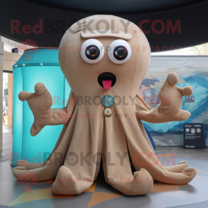 Tan Octopus mascot costume character dressed with Cover-up and Rings