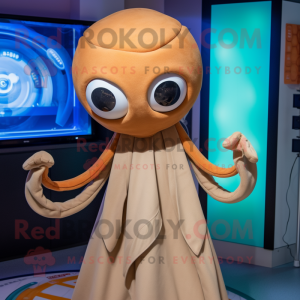 Tan Octopus mascot costume character dressed with Cover-up and Rings