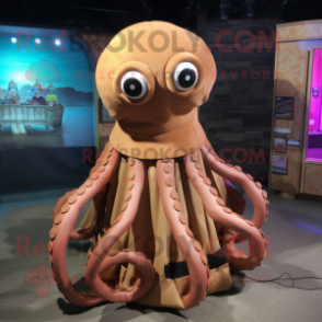 Tan Octopus mascot costume character dressed with Cover-up and Rings