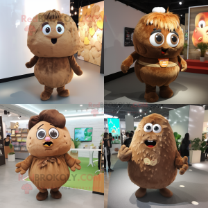 Brown Potato mascot costume character dressed with Playsuit and Hair clips