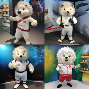 White Hedgehog mascot costume character dressed with Rash Guard and Belts