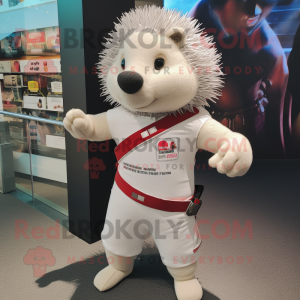 White Hedgehog mascot costume character dressed with Rash Guard and Belts