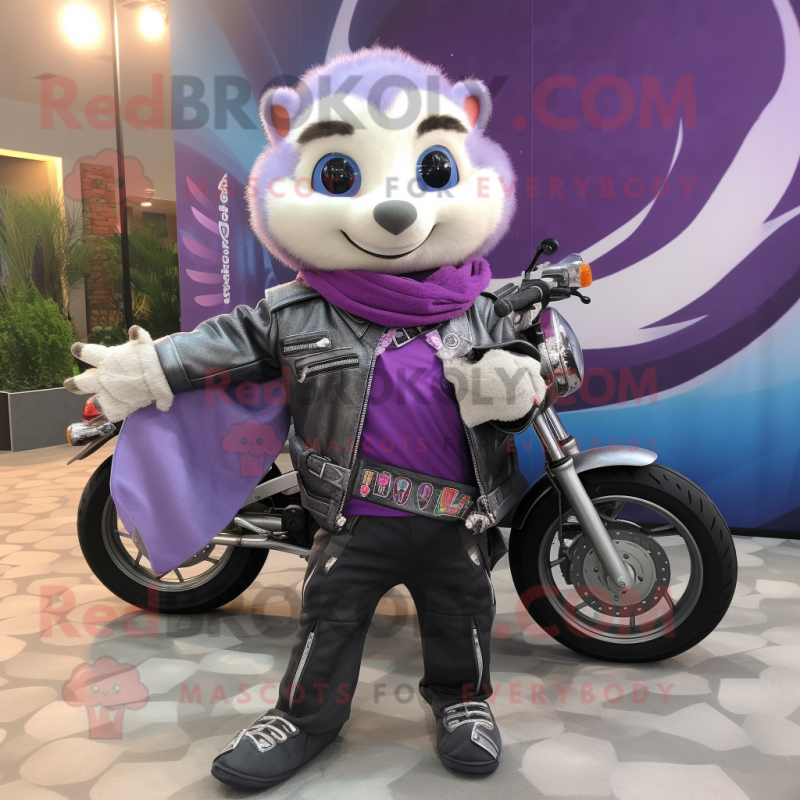Lavender Ferret mascot costume character dressed with Biker Jacket and Shawls Lavender Ferret mascot costume character dressed with Biker Jacket and Shawls