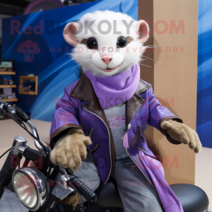 Lavender Ferret mascot costume character dressed with Biker Jacket and Shawls