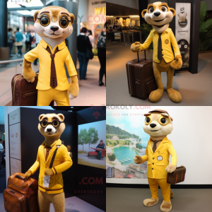 Gold Meerkat mascot costume character dressed with Blazer and Messenger bags