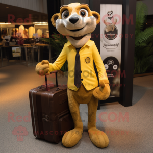 Gold Meerkat mascot costume character dressed with Blazer and Messenger bags