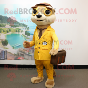 Gold Meerkat mascot costume character dressed with Blazer and Messenger bags