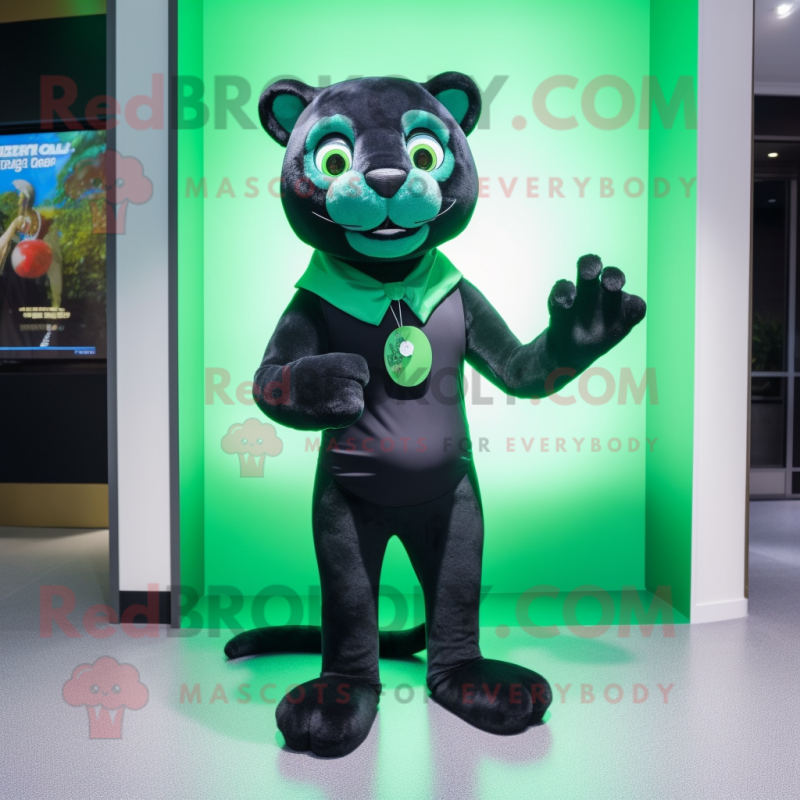 Green Panther mascot costume character dressed with Mini Dress and Bow ties Green Panther mascot costume character dressed with Mini Dress and Bow ties