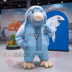 Sky Blue Walrus mascot costume character dressed with Bomber Jacket and Hairpins