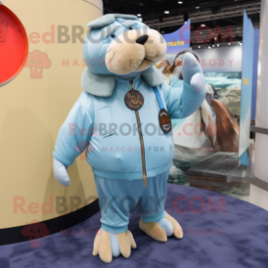 Sky Blue Walrus mascot costume character dressed with Bomber Jacket and Hairpins