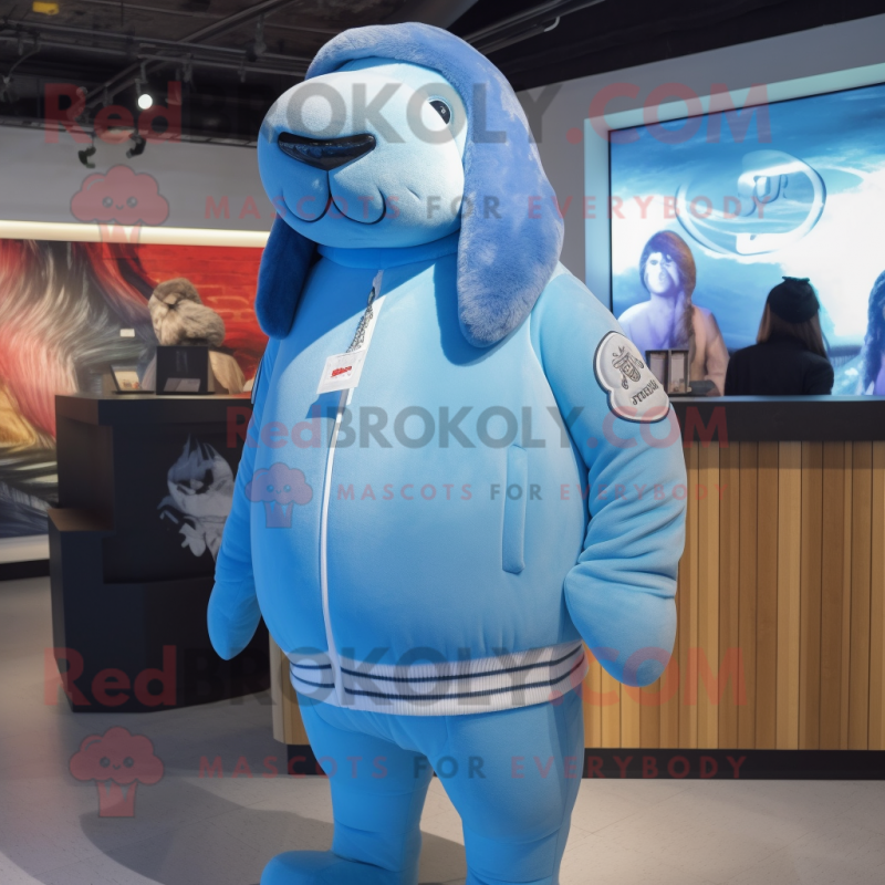 Sky Blue Walrus mascot costume character dressed with Bomber Jacket and Hairpins