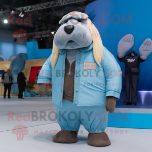Sky Blue Walrus mascot costume character dressed with Bomber Jacket and Hairpins