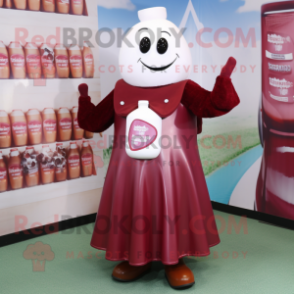 Maroon Bottle of milk mascot costume character dressed with Culottes and Gloves