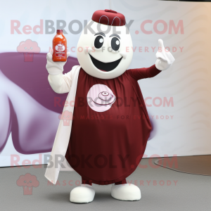 Maroon Bottle of milk mascot costume character dressed with Culottes and Gloves