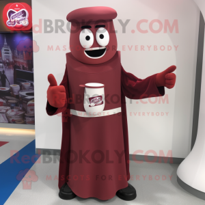 Maroon Bottle of milk mascot costume character dressed with Culottes and Gloves