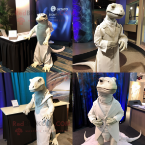 White Komodo Dragon mascot costume character dressed with Wrap Dress and Tie pins