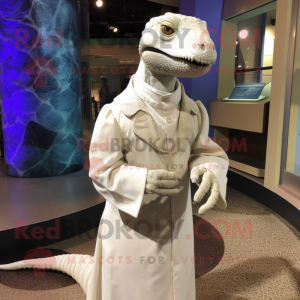 White Komodo Dragon mascot costume character dressed with Wrap Dress and Tie pins