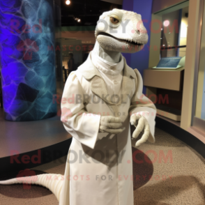 White Komodo Dragon mascot costume character dressed with Wrap Dress and Tie pins