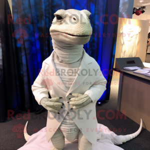 White Komodo Dragon mascot costume character dressed with Wrap Dress and Tie pins