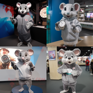 Silver Rat mascot costume character dressed with Sweatshirt and Digital watches