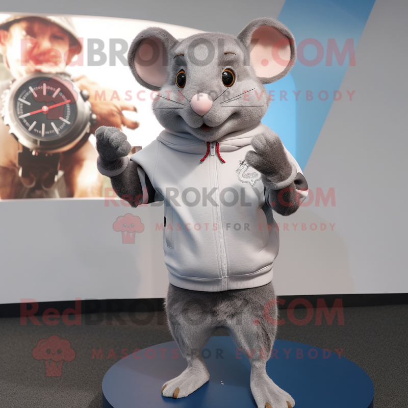 Silver Rat mascot costume character dressed with Sweatshirt and Digital watches