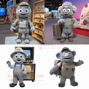 Gray Television mascot costume character dressed with Overalls and Backpacks