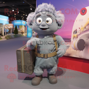 Gray Television mascot costume character dressed with Overalls and Backpacks