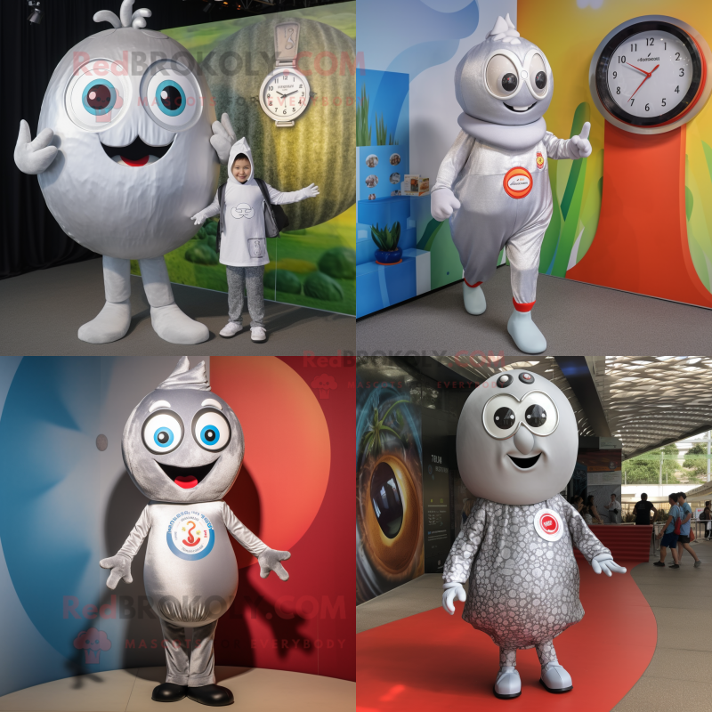 Silver Shakshuka mascot costume character dressed with Playsuit and Watches Silver Shakshuka mascot costume character dressed with Playsuit and Watches
