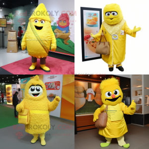 Lemon Yellow Biryani mascot costume character dressed with Parka and Clutch bags