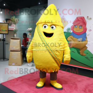 Lemon Yellow Biryani mascot costume character dressed with Parka and Clutch bags