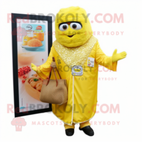 Lemon Yellow Biryani mascot costume character dressed with Parka and Clutch bags