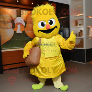 Lemon Yellow Biryani mascot costume character dressed with Parka and Clutch bags