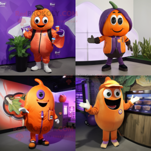 Orange Eggplant mascot costume character dressed with Bomber Jacket and Keychains