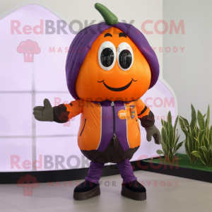 Orange Eggplant mascot costume character dressed with Bomber Jacket and Keychains