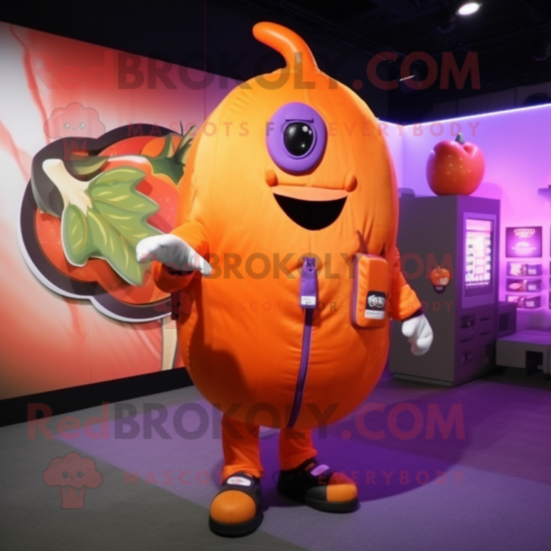 Orange Eggplant mascot costume character dressed with Bomber Jacket and Keychains