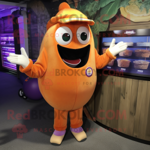 Orange Eggplant mascot costume character dressed with Bomber Jacket and Keychains