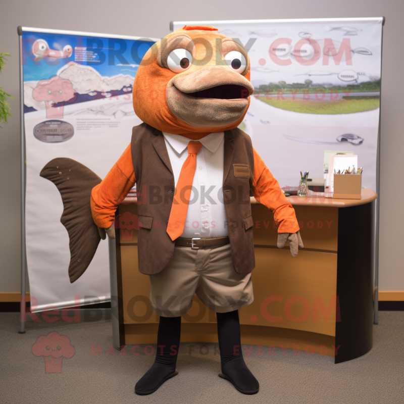 Brown Salmon mascot costume character dressed with Pencil Skirt and Pocket squares