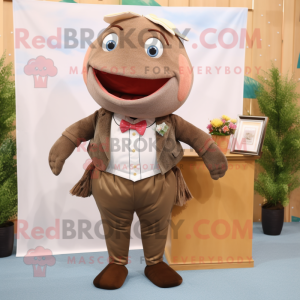 Brown Salmon mascot costume character dressed with Pencil Skirt and Pocket squares