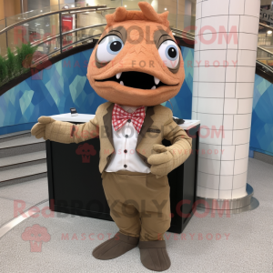 Brown Salmon mascot costume character dressed with Pencil Skirt and Pocket squares