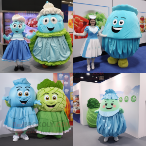 Sky Blue Corned Beef and Cabbage mascot costume character dressed with Pleated Skirt and Coin purses