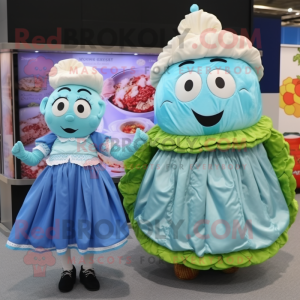 Sky Blue Corned Beef and Cabbage mascot costume character dressed with Pleated Skirt and Coin purses