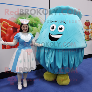 Sky Blue Corned Beef and Cabbage mascot costume character dressed with Pleated Skirt and Coin purses