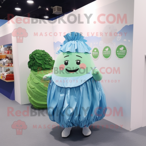 Sky Blue Corned Beef and Cabbage mascot costume character dressed with Pleated Skirt and Coin purses